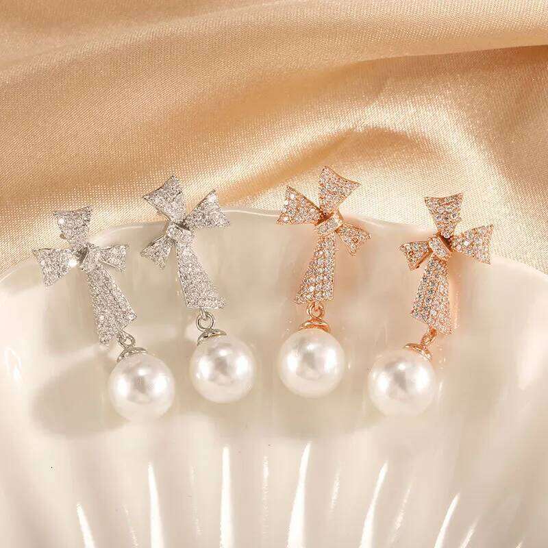 ZAKOL Simple New Trendy Korean Bow Zircon Pearl Drop Earrings for Women Luxury Engagement Wedding Jewelry Wholesale