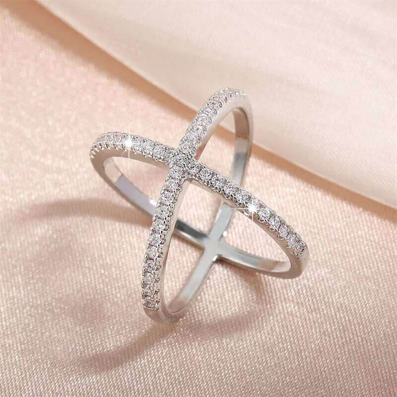 ZAKOL Fashion Cross X Shape Crystal Rings For Women White Color Micro Inlay Paved Zirconia Party Dating Jewelry Gift R178