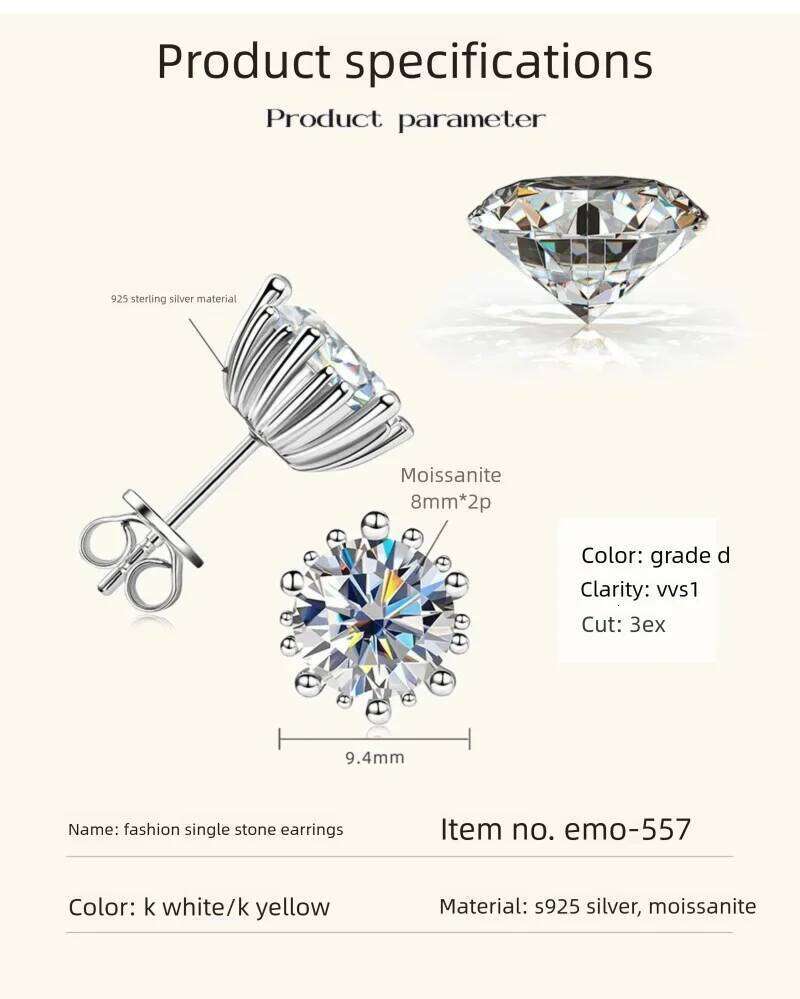 2 Carat 8.0mm D Color Moissanite Stud Earrings For Women Top Quality 100% 925 Sterling Silver Sparkling Wedding Jewelry 79f