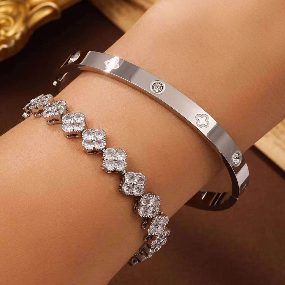 ZAKOL 2 Pcs Brilliant Zirconia Four-leaf Flower Bracelet Bangle Set for Women Exquisite Stainless Steel Daily Bracelets