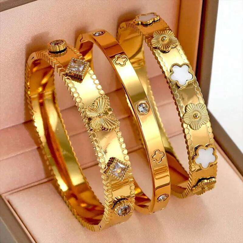 ZAKOL 3Pcs/Set 3D Butterfly Flower Wide With Crystal Zirconia Golden Waterproof Stainless Steel Stackable Bracelet