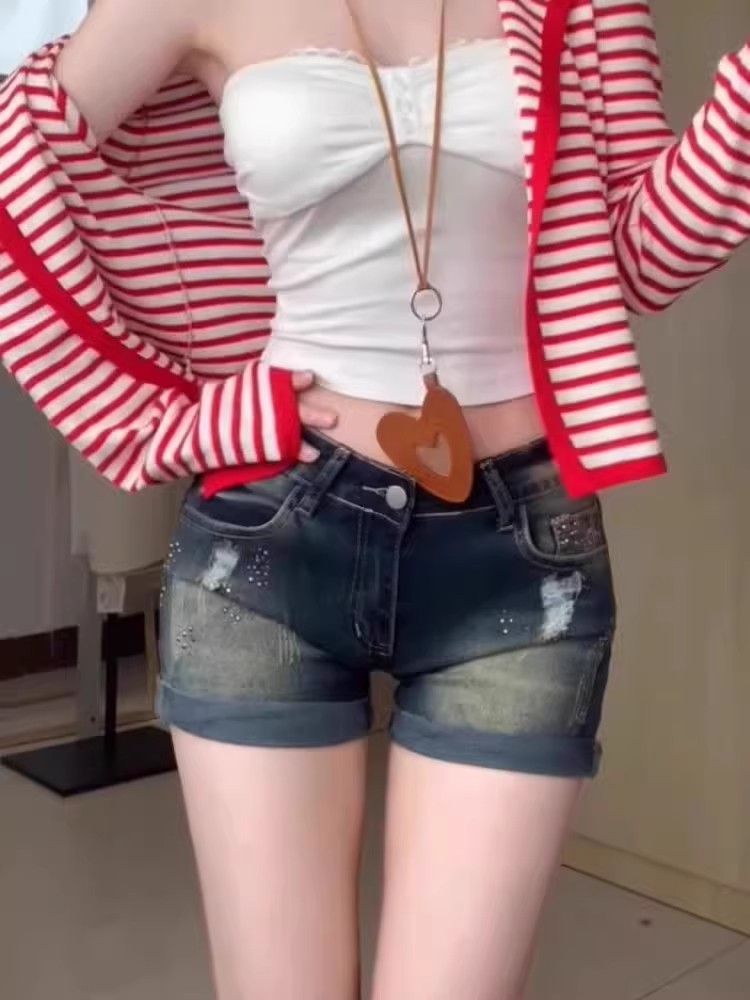 Tomboy Low-Waist Distressed Denim Shorts for Women. Summer Slim-Fit Skinny Micro Shorts, Sexy Bodycon Hot Pants.