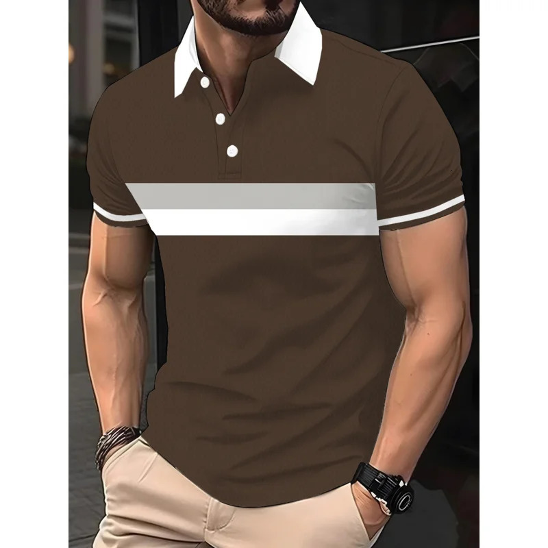 Mens polo shirt with button collar shortsleeved pullover summer casual sports solid color striped lapel mens trend Tshir 251219