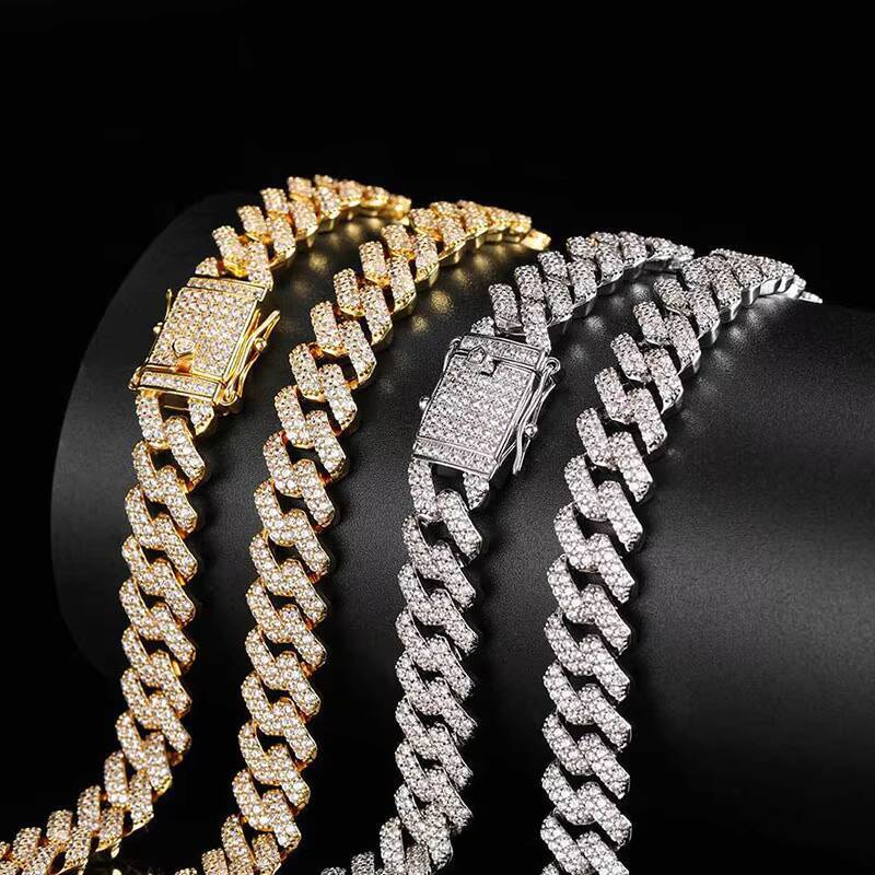 Hip Hop Mens 12mm Gold Prong Cubic D color vvs moissaniteia Claw Setting Fine Jewelry Iced Out Cuban Link Chain Necklace for Gifts