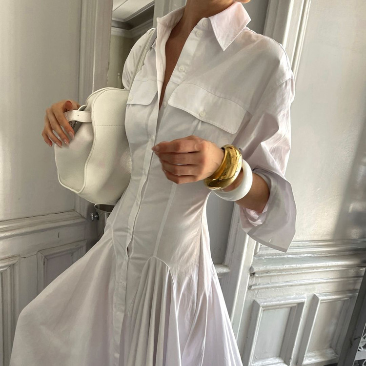 Designed Pleated Single-Breasted Shirt Autumn New Turn-Down Collar Sleeve free shipping High Waist Elegant White Long Dress