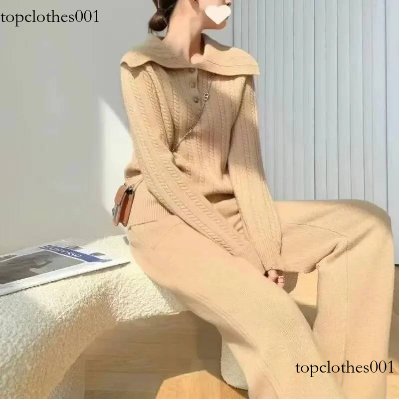 Polo Neck Sweater+Elastic Waist Wide Leg Pants Two Piece Outfits Casual Lounge Autumn Winter Women's Knit Set