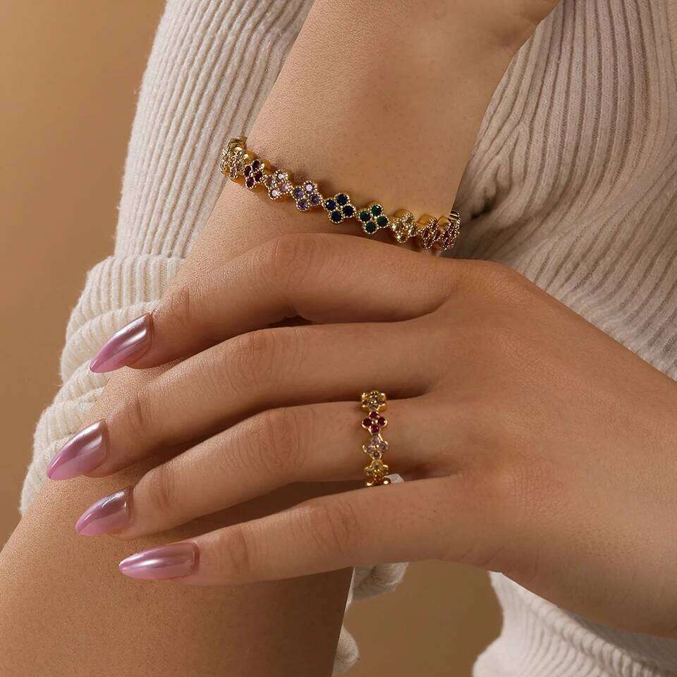 ZAKOL Luxury Four-leaf Flower Zircon Bracelet Ring Set for Women Gorgeous Shiny Colorful CZ Wedding Party Jewelry