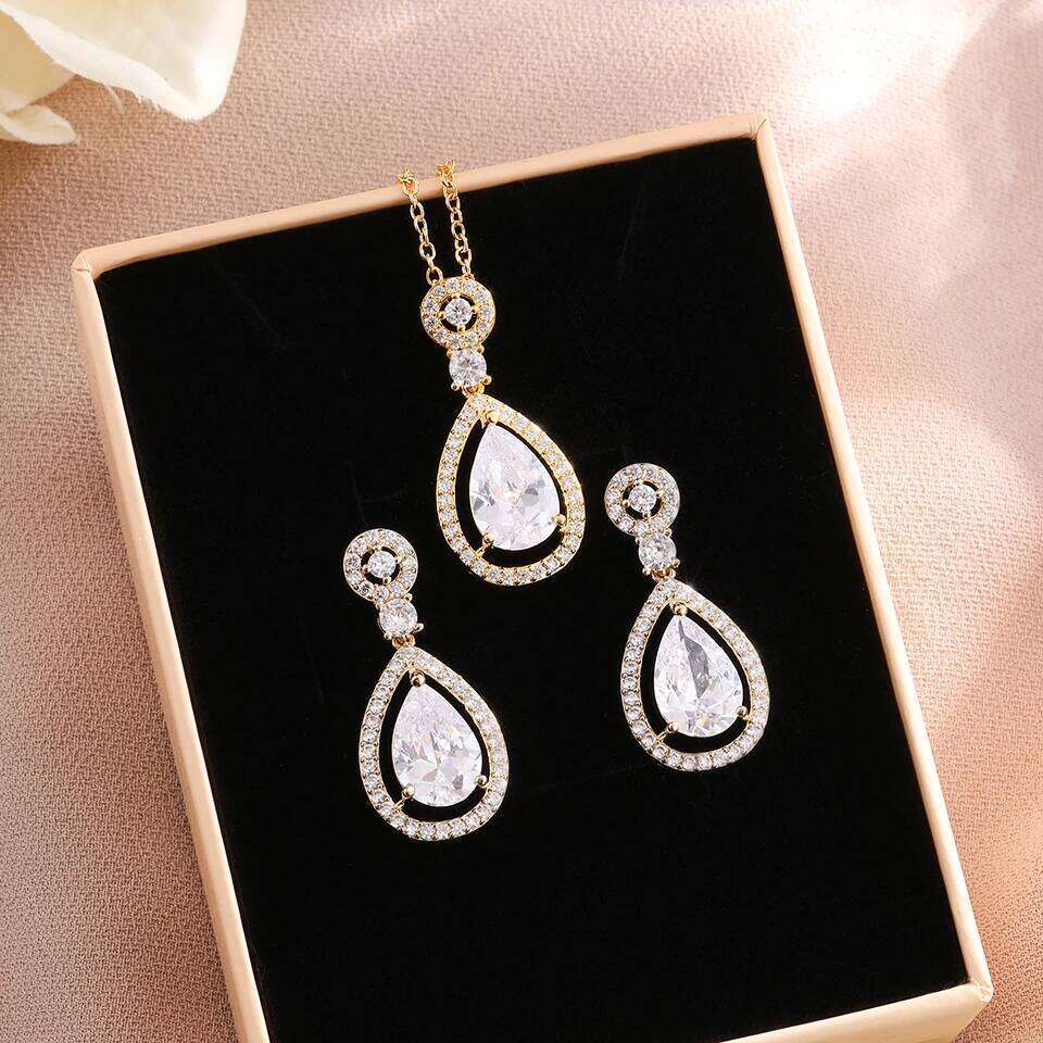 ZAKOL Brilliant AAA Cubic Zirconia Water Drop Earrings Necklace Set for Women Perfect Party Holiday Jewelry Gift