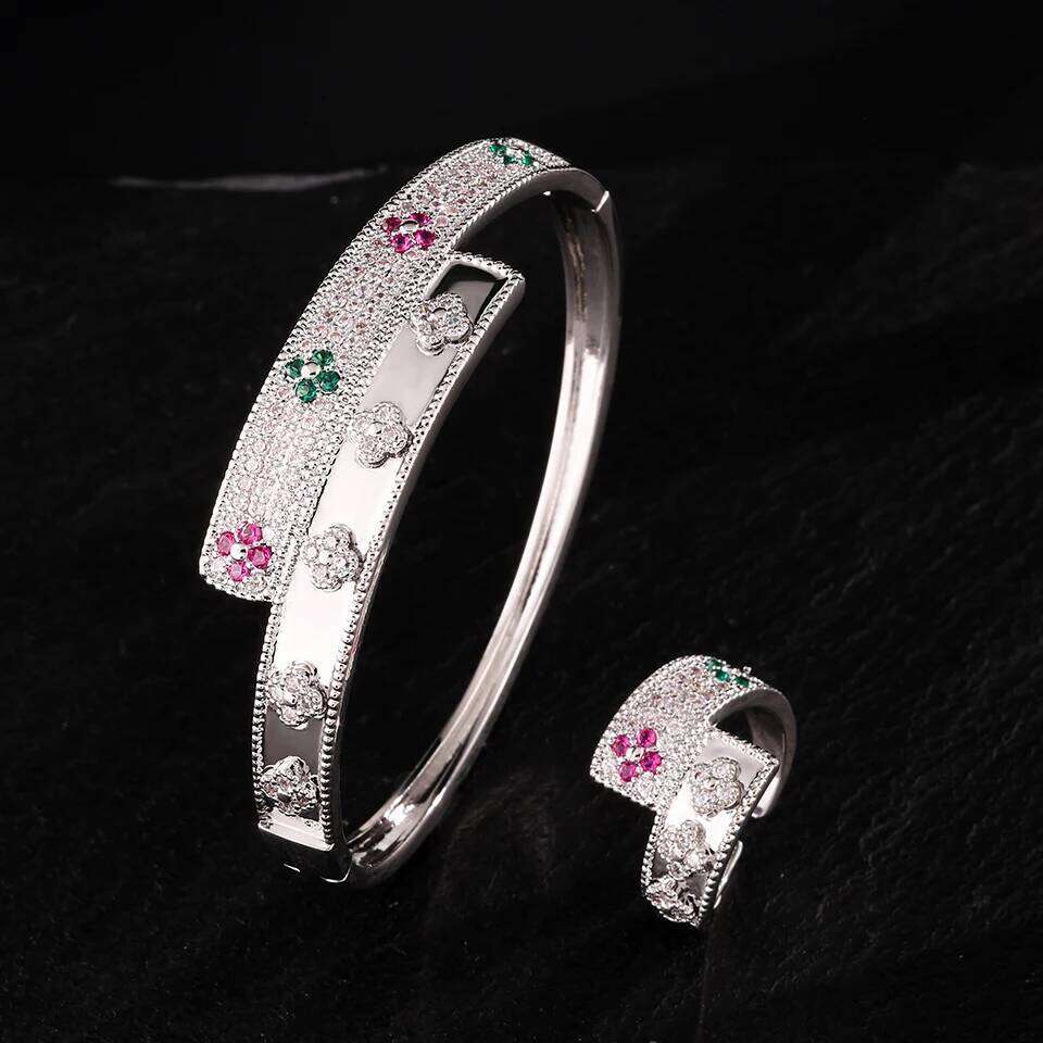 ZAKOL Gorgeous Full Shiny Zircon Hug Bracelet Ring Set for Women Colorful CZ Four-leaf Flower Wedding Party Jewelry