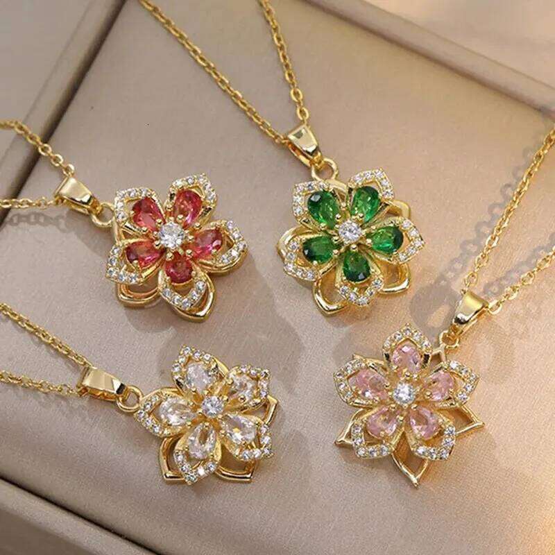 Light Luxury Spin Zircon Flower Pendant Necklace for Women Gold Color Quality High Sense Chain Necklaces Party Jewelry Gifts