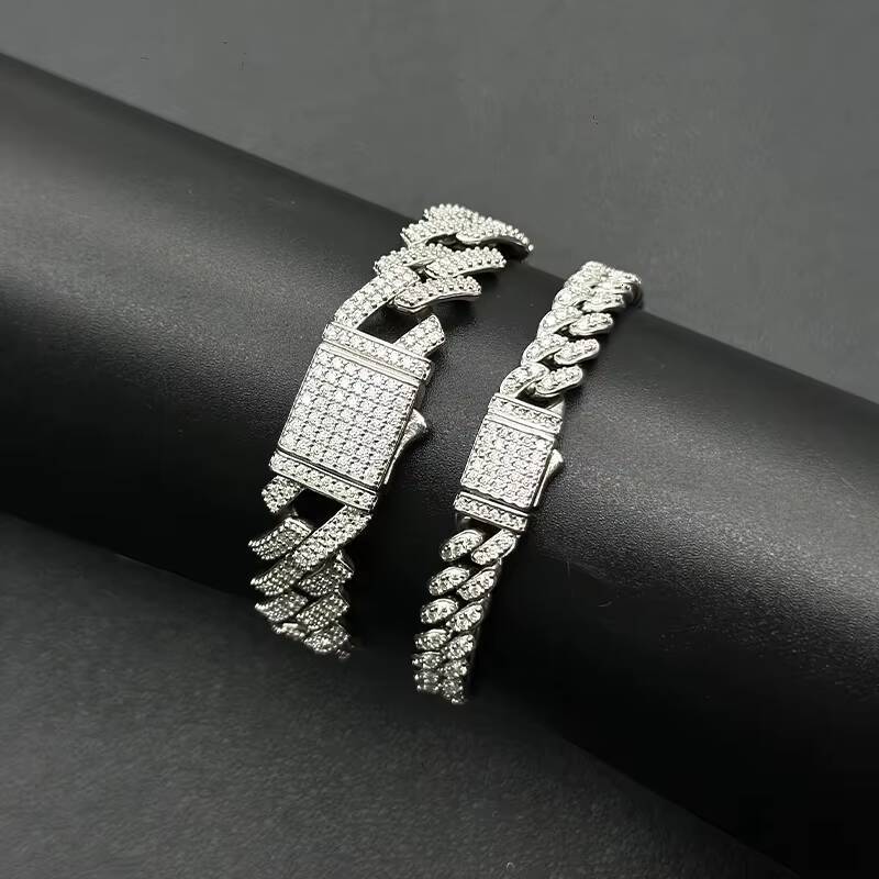 Cuban Link Chain 8mm-14mm S925 Sterling Silver Rhodium Plated VVS D Color Moissanite Bracelet Necklace Cuban Style Link Chain