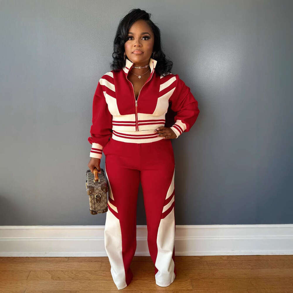 European and American Cross-Border Women's Fashion Autumn Winter New High Collar Zipper Top Two-Piece Set Color Block Long Pants Suit for Women