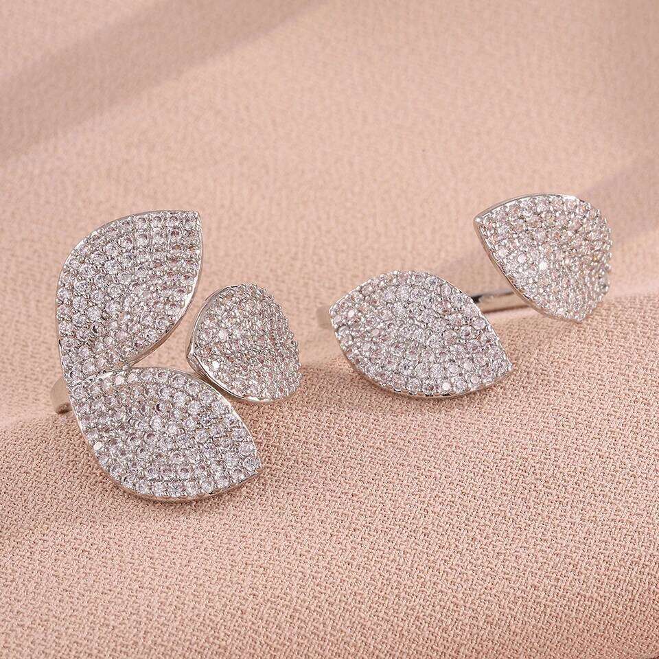ZAKOL Two Pieces Micro-set Zircon Leaf Flower Open Set for Women Paved Bling CZ Cocktail Party Ring Jewelry Accessories