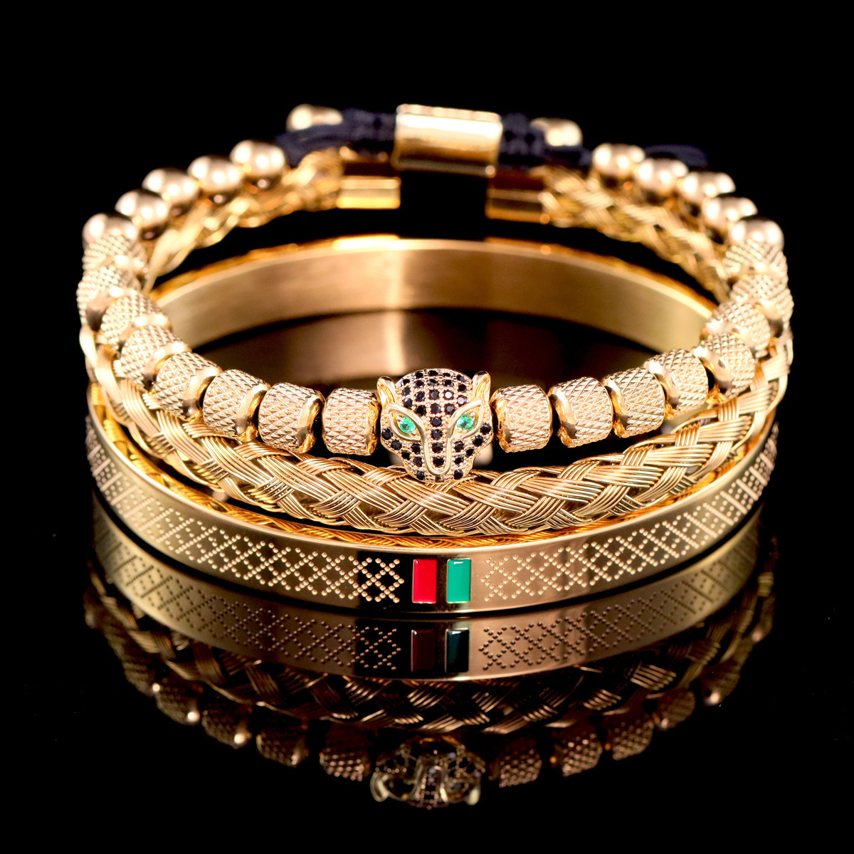 Luxury Brand Designer Jewelry European And American Hot-Selling Stainless Steel Roman Bracelet Leopard Head Crown Braided Bracelet Set Braided Punk St