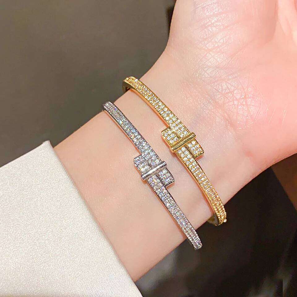 ZAKOL Slivery/Golden 18K Gold Plated AAA Zircon Bracelet Rings for Women H Head Niche Design Luxury Party Jewelry