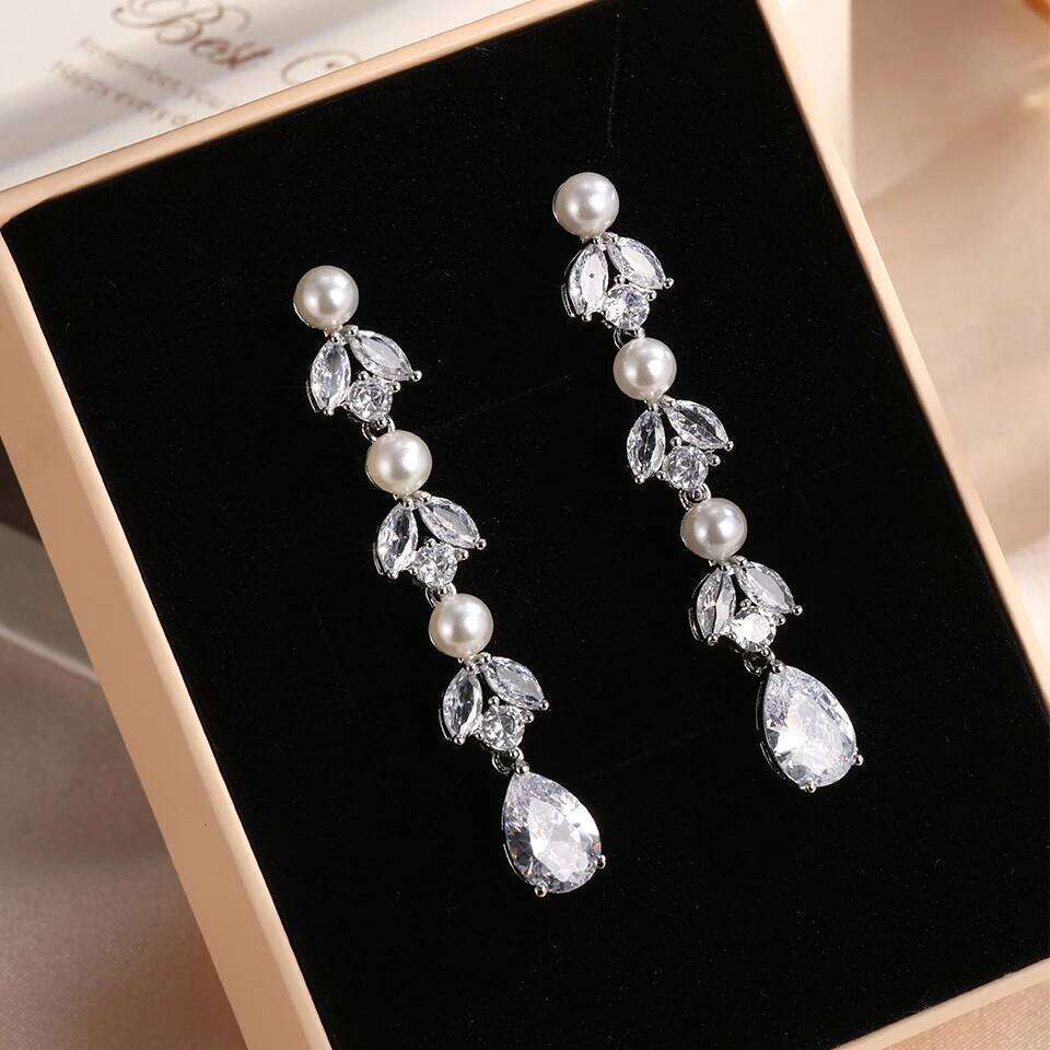 ZAKOL New Luxury Cubic Zirconia Pearl Long Dangle Earrings for Women High-quality Copper Metal Wedding Bridal Jewelry
