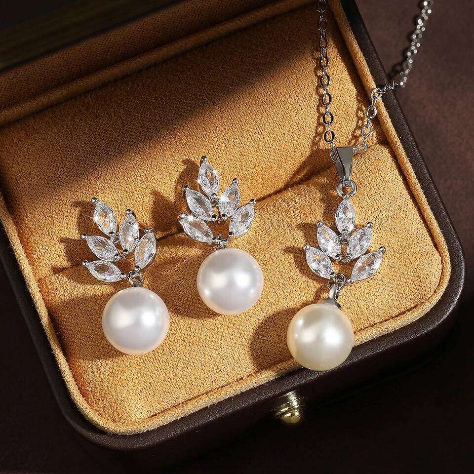 ZAKOL Elegant Imitation Pearl Zirconia Earring Necklaces Sets Exquisite Wedding Engagement Party Jewelry Gift With Packaging Box