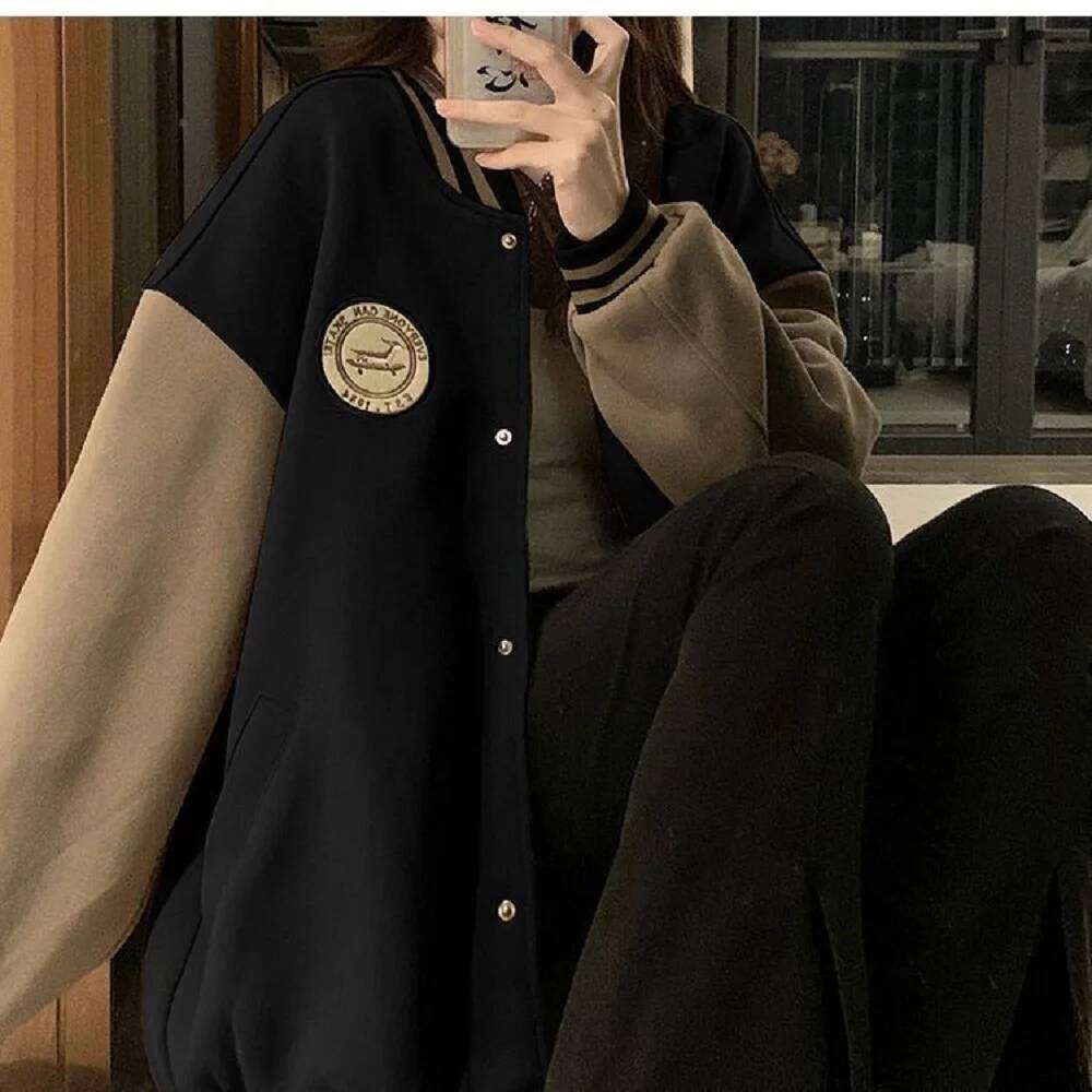 American Vintage Lazy Style Letter Embroidery Print Fleece Thickened Cotton Baseball Jersey Women's Loose Autumn Winter Fashion