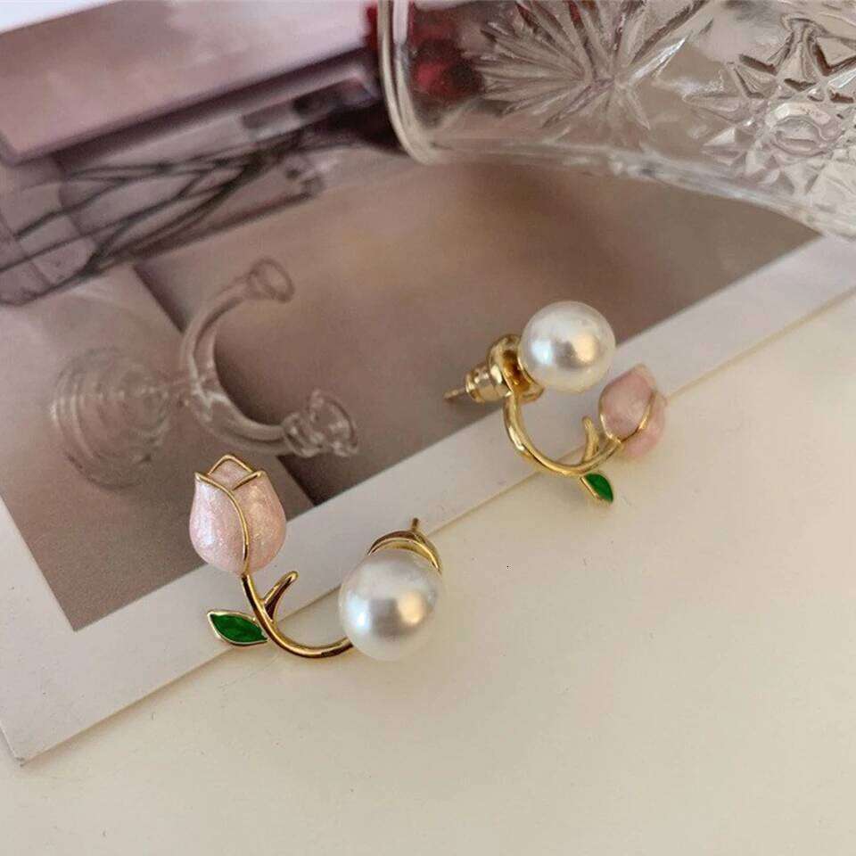 ZAKOL Fresh Rose Stud with Imitation Pearl Sweet Pink Tulip Earrings Exquisite New Accessories for Women Trendy Jewelry
