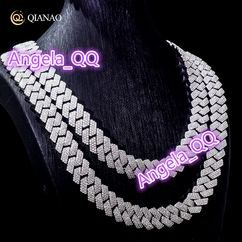 QIANAO Hip Hop Jewelry 15mm Solid 925 Sterling Silver VVS1 Moissanite Diamond Heavy Iced Out Cuban Link Chain Necklace