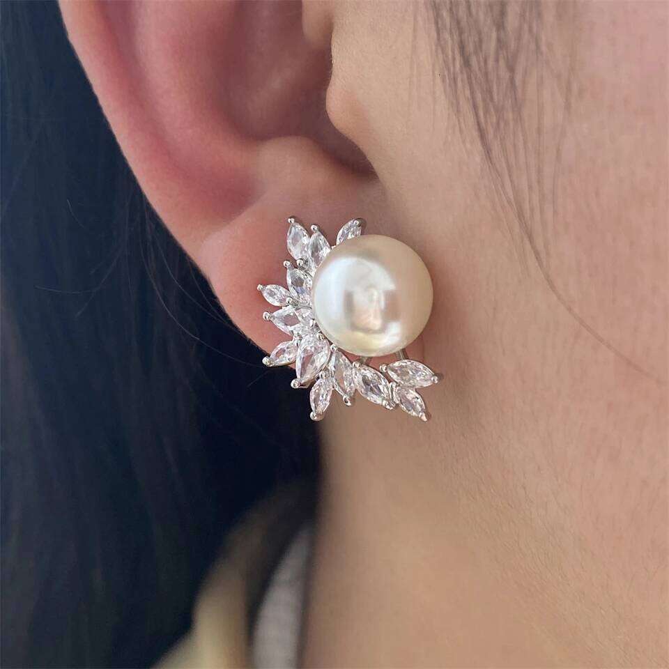 ZAKOL White Imitation Pearl Leaf Stud Earrings for Women Shiny Marquise Zircon Bridal Earring Wedding Jewelry