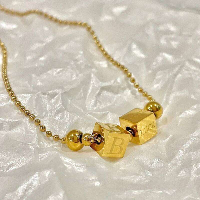 Stainless steel Gold Color Bead Letter Block Pendant Necklace For Women's Sexy Collarbone Chain Trendy Jewelry Accessories