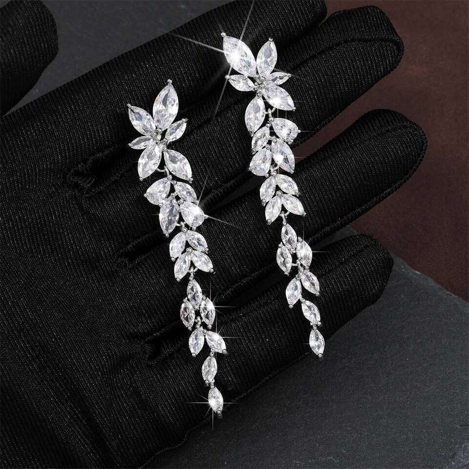 ZAKOL Elegant Shiny AAA Zircon Sliver Color Long Drop Earrings Gorgeous Bridal Wedding Party Jewelry