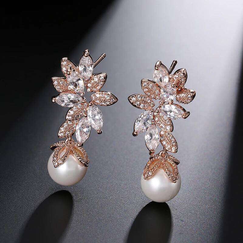 ZAKOL Luxury AAA Cubic Zirconia Pearl Drop Earrings Elegant Leaf Zircon Wedding Jewelry for Women