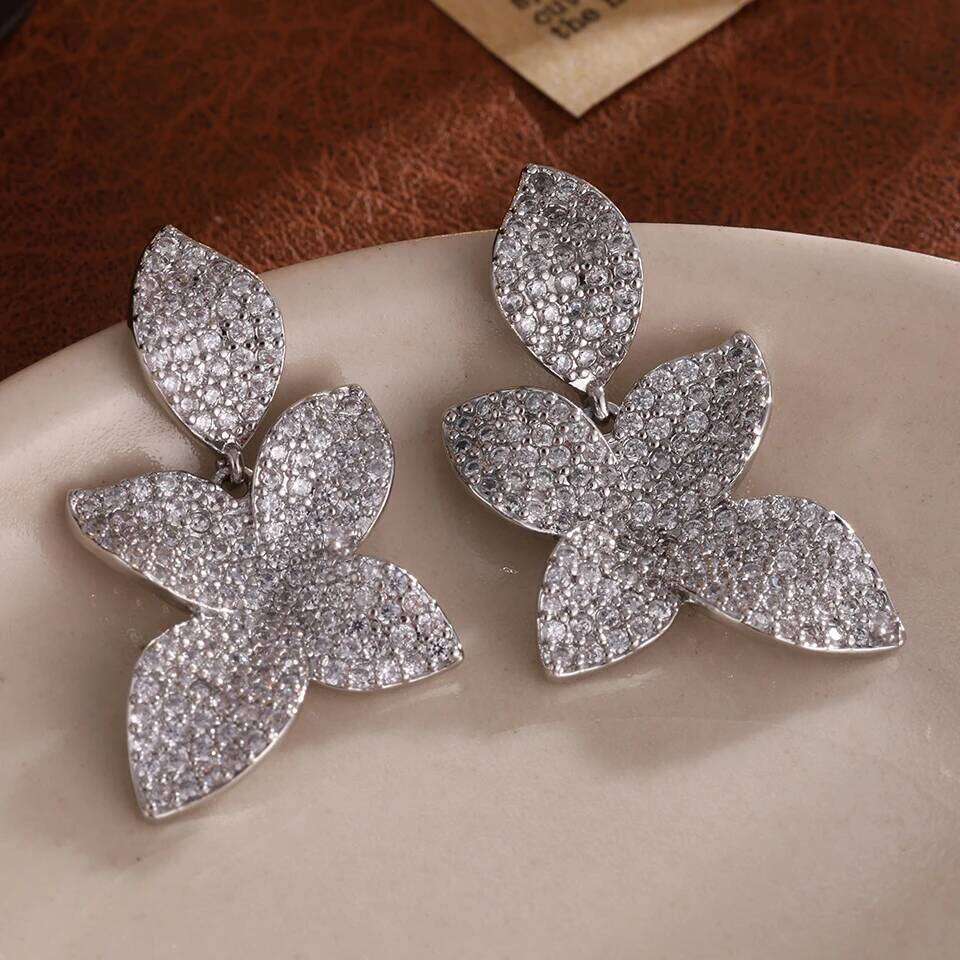 ZAKOL Brand New Micro Paved AAA Zirconia Big Leaf Flower Earrings for Women Luxury Elegant Wedding Jewelry