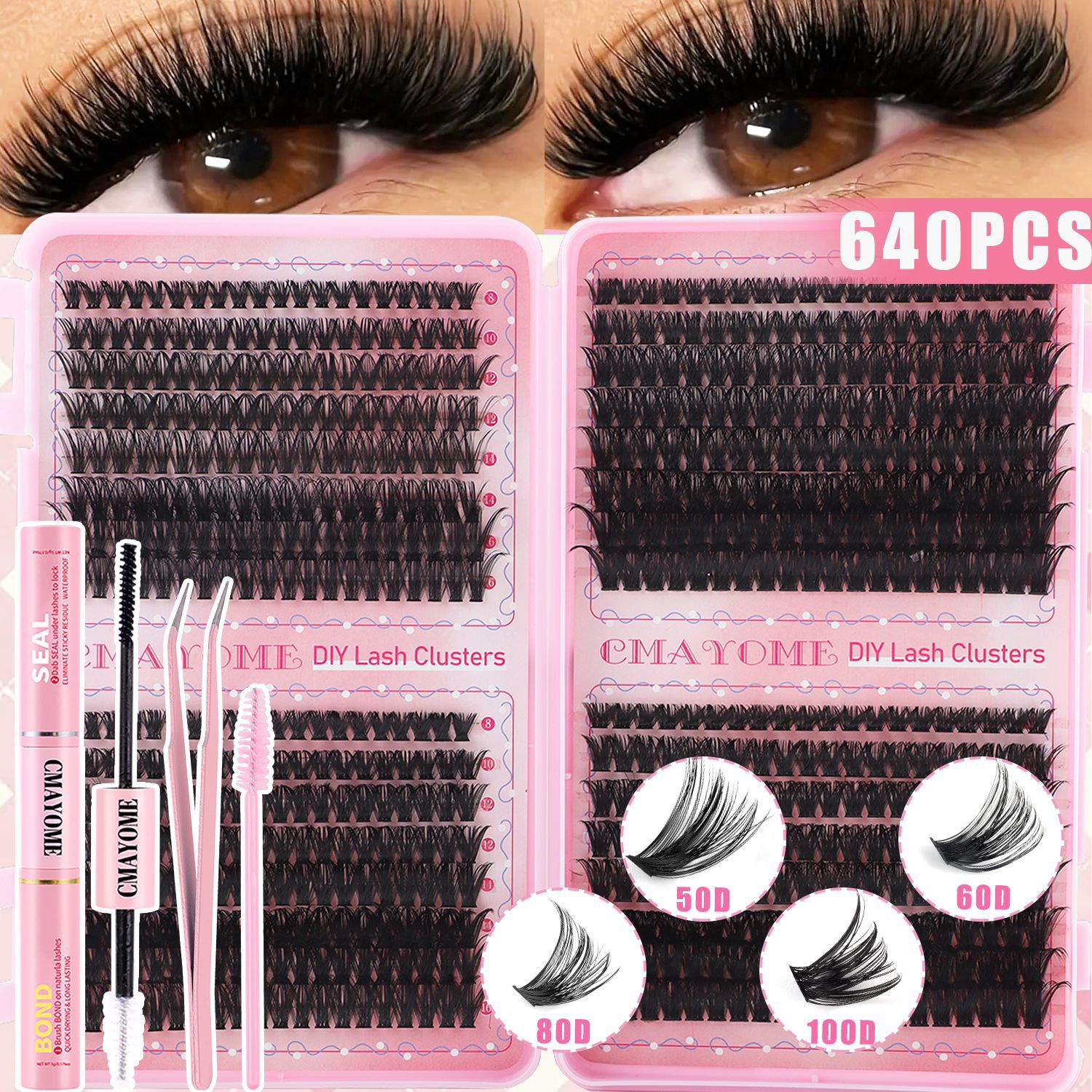 640 Clusters DIY Segmented Eyelashes Thick Fluffy DIY Cluster Lashes Kit with Lash Bond & Seal Brush Handmade Reusable Naturally D Curled Individual Eyelashes