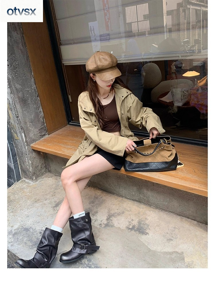 Otvsx autumn and winter new style retro style thick soled Martin boots height increasing luxury wide boots French niche design genuine leather texture