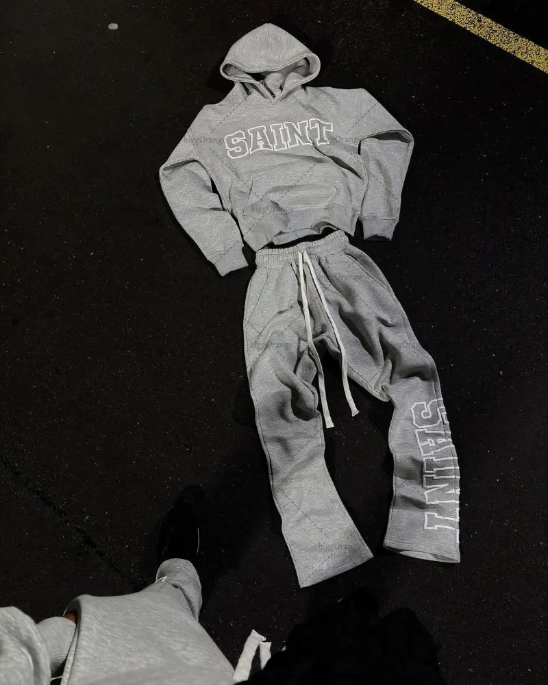 High Street Trendy Retro Letter Print Mens Sportswear Set Hip-Hop Punk Streetwear Hoodie Women Harajuku Casual Loose Sweatpants 251215