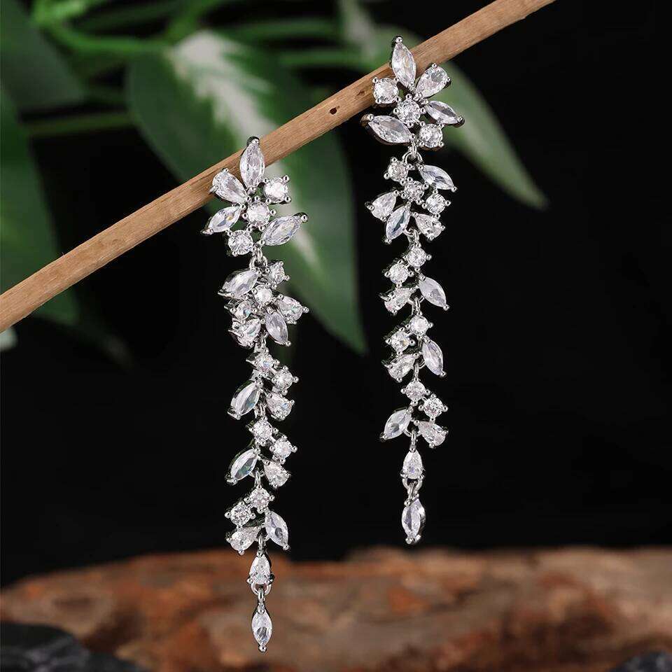 ZAKOL AAA Cubic Zirconia Leaf Long Dangle Earrings for Women Elegant Bridal Wedding Engagement Ear Accessories