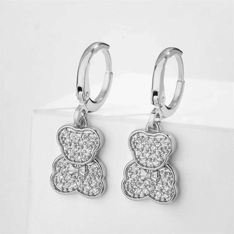 ZAKOL Shiny Zircon Teddy Bear Charm Drop Hoop Earrings for Women Girls Geometric Chinese Style Ear Accessories Jewelry Gift