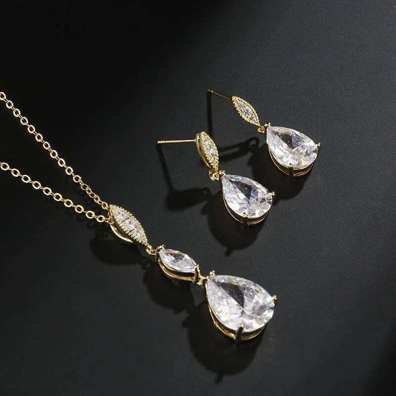 ZAKOL 2 Pcs Water Drop Zircon Earrings Necklace Wedding for Women Shining Crystal CZ Party Jewelry Set