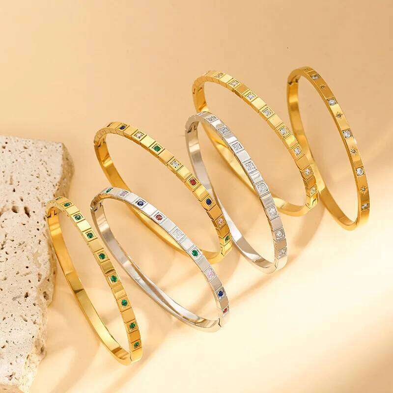 ZAKOL Inlaid Square Small Colored Zircon Stainless Steel Bangle Bracelet for Women Luxury Gold Plated Wedding Party Jewelry
