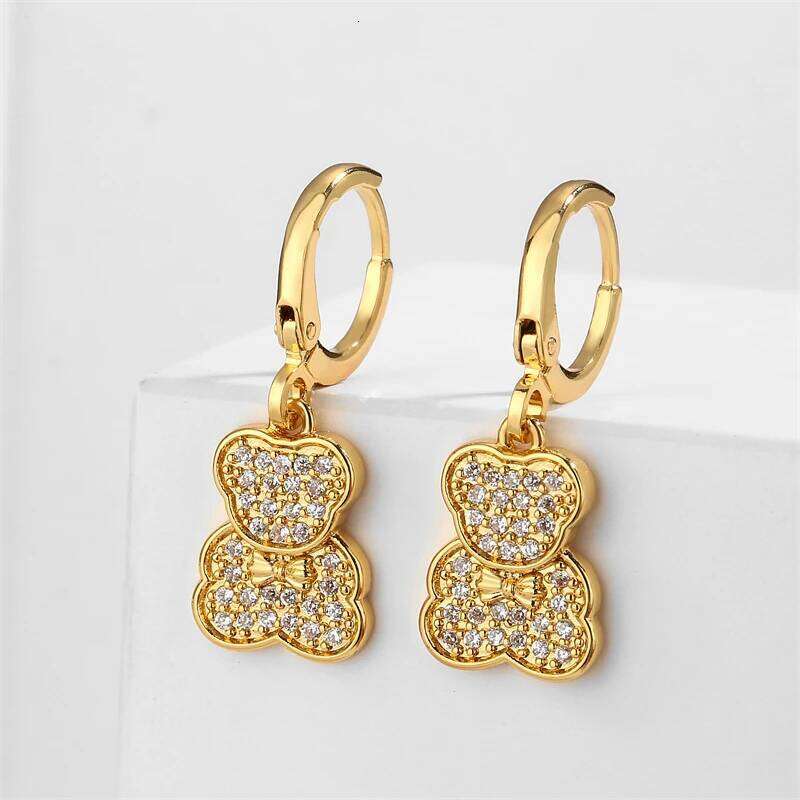 ZAKOL Shiny Zircon Teddy Bear Charm Drop Hoop Earrings for Women Girls Geometric Chinese Style Ear Accessories Jewelry Gift