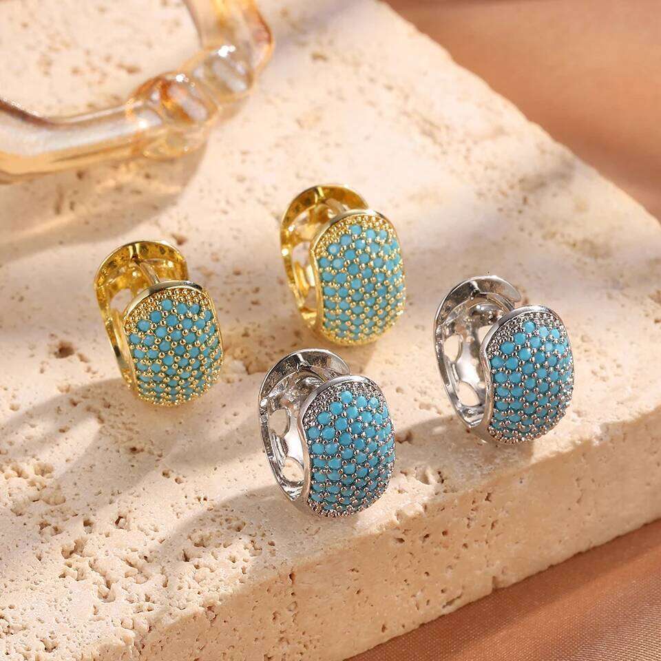 ZAKOL New Niche Chunky Turquoise Square Hoop Earrings for Women Shiny Zirconia Ear Buckle Luxury Party Wedding Jewelry