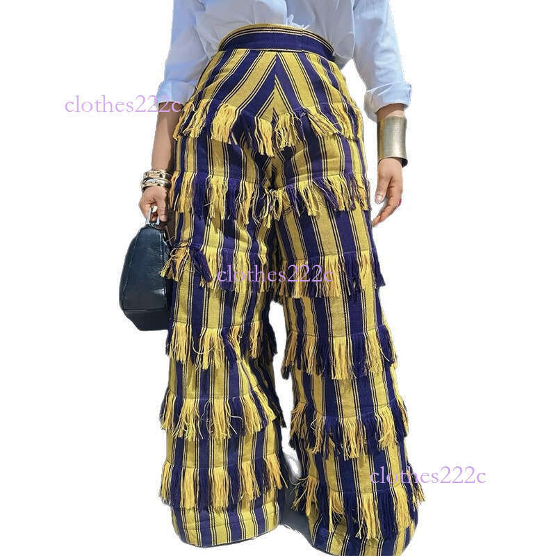 Women's New Fashion Striped Tassel Slim Fit Color-Block Wide-Leg Long Casual Pants Luanyun