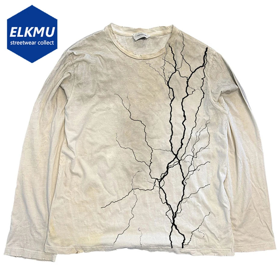 Vintage Oversized T-shirts Lightning Graphic Long Sleeve T Shirts Harajuku Loose Casual Tee Tops Unisex Retro Tshirts 251211