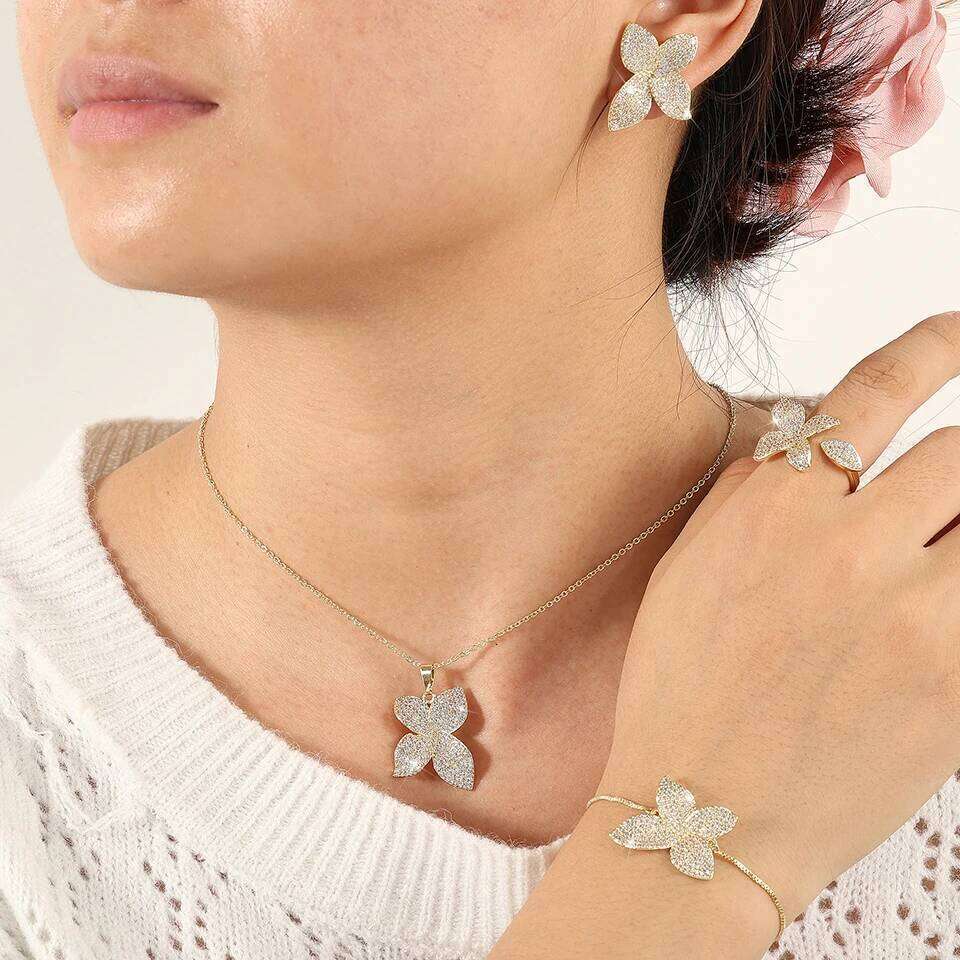 ZAKOL Luxury Micro Pave Setting Cubic Zirconia Leaf Earrings Ring Bracelet Necklace Gorgeous Dubai Jewelry Set For Dinner Party