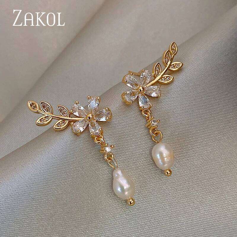 ZAKOL Korean Fashion Flower Earrings Shiny Leaf Zircon Imitation Pearl Drop Earring Bridal Wedding Jewelry