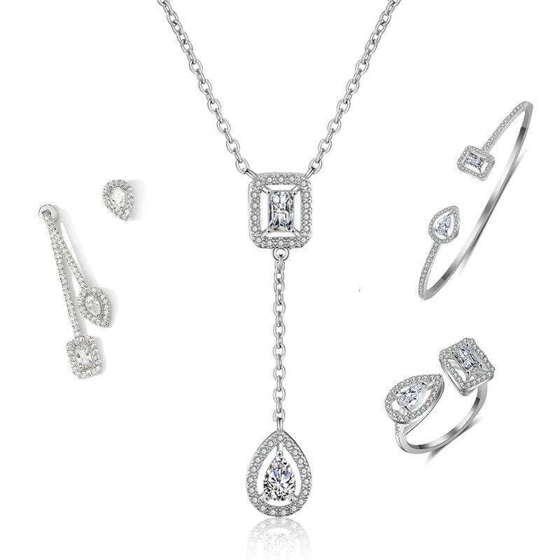 ZAKOL 4 Pcs Wedding Jewelry Set Classic Geometric Water Drop Square Shiny Zirconia Earring Necklace Bangle Bridal Accessories