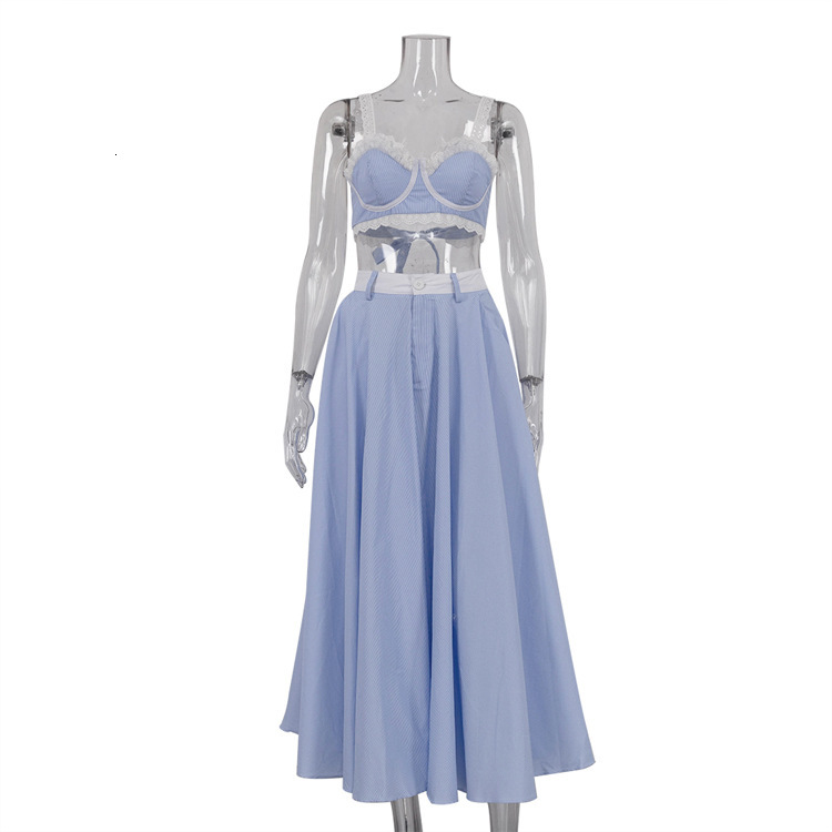 Early Spring New free shipping Fashion Lace Patchwork Camisole Hot Girl Women's High Waist Flared Skirt Two-Piece Set