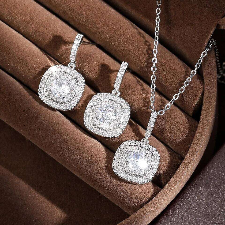 ZAKOL Classic Geometric Cubic Zirconia Earring Necklace Set for Women Shiny Zircon Square Sliver Color Wedding Party Jewelry
