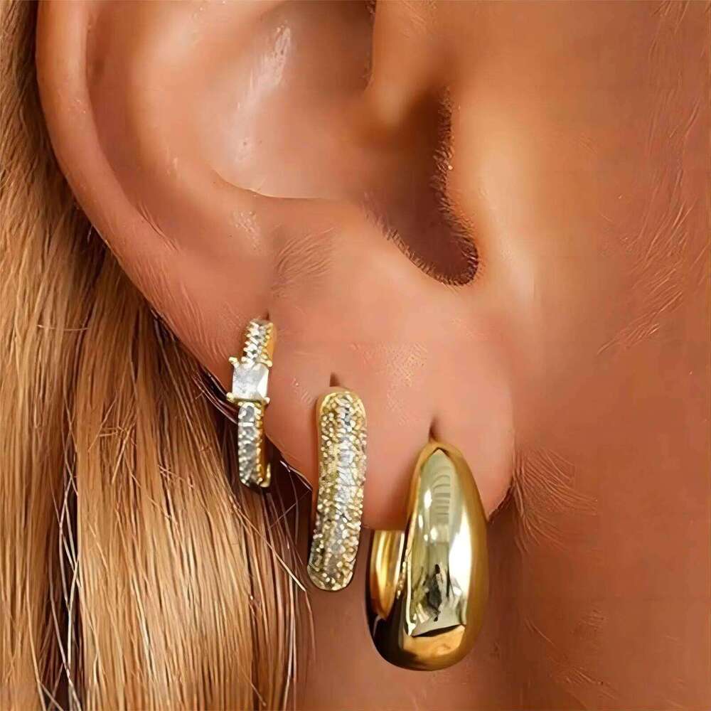 ZAKOL Hiphop 3 PCS U Zirconia Earrings For Women Girls Gold Color Water Drop Metal Crystal Ears Accessories Rock Jewelry Gifts
