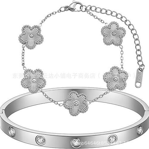 Luxury Brand Designer Jewelry Hot Sale Titanium Steel Five-Leaf Flower Bracelet Oval Inlaid Diamond Bangle 18K Gold High-Grade Non-Fading Bracelet Who