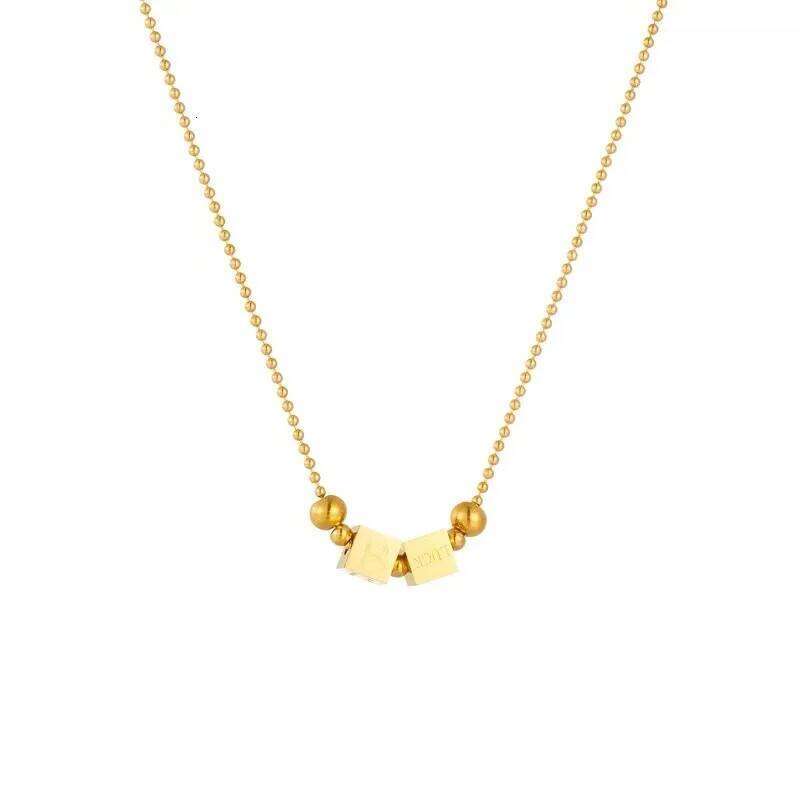 Stainless steel Gold Color Bead Letter Block Pendant Necklace For Women's Sexy Collarbone Chain Trendy Jewelry Accessories