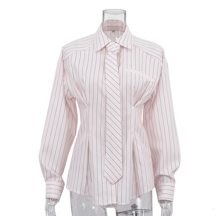 New free shipping Women's Commuter Printed Striped with Turn-down Collar, Long Sleeves, Tie Design, and Waist-cinching Shirt