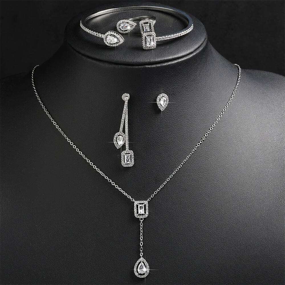 ZAKOL 4 Pcs Wedding Jewelry Set Classic Geometric Water Drop Square Shiny Zirconia Earring Necklace Bangle Bridal Accessories
